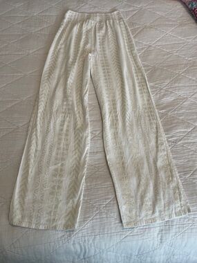 Elan Cream Metallic-Accent Wide Leg Pull-On Pants Split Sides
